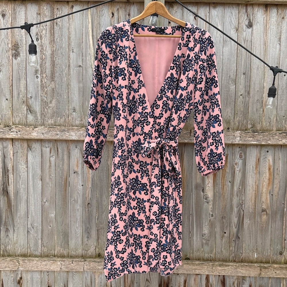 J Crew- Cottagecore Elegant Blush Pink Cherry Blossom Floral Wrap Dress Size 4